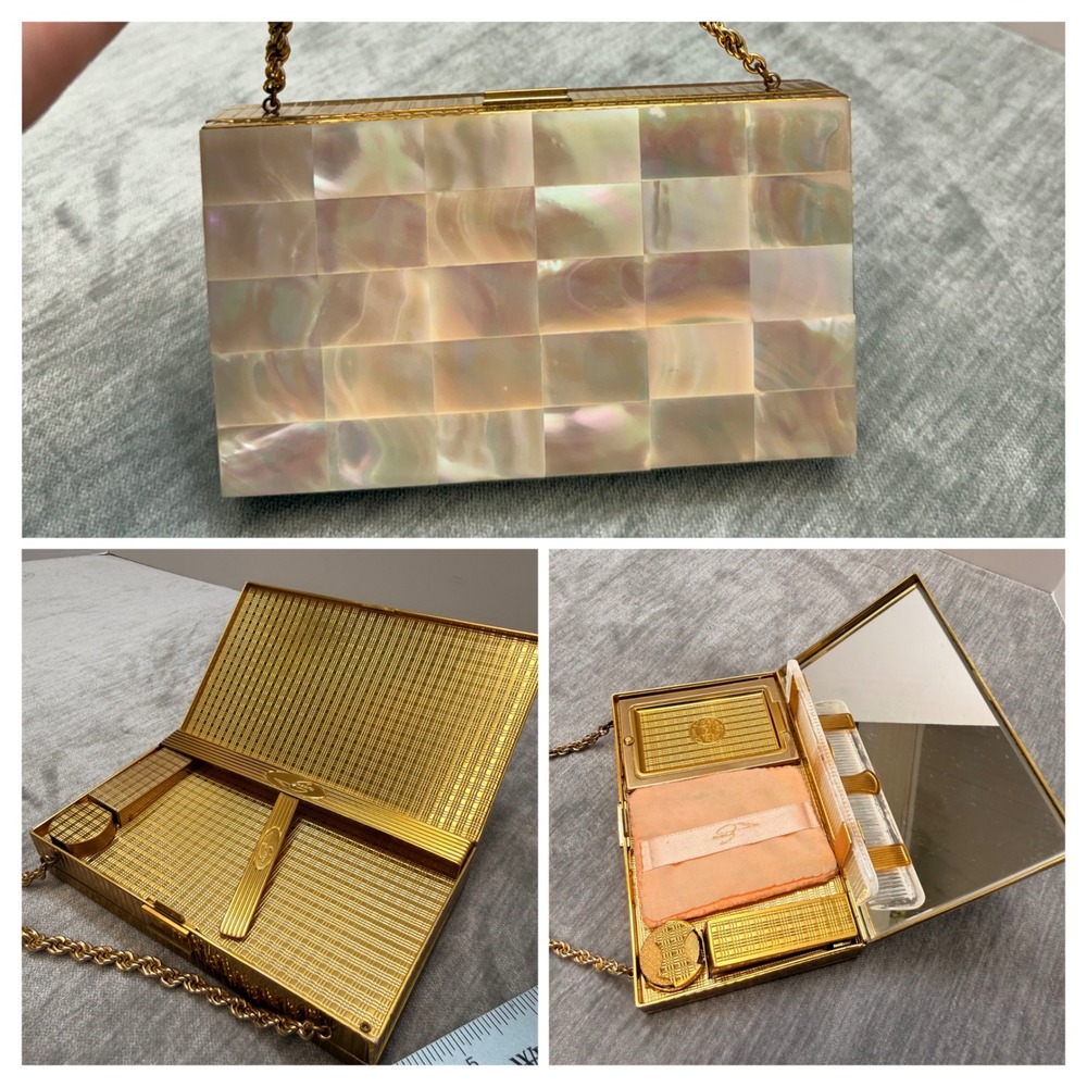Vintage Evans Mother of Pearl Minaudiere Carryall Clutch Bag Compact Mirror 50s